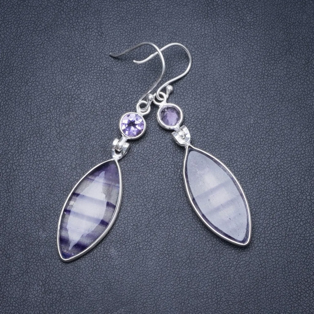 

Natural Fluorite and Amethyst Handmade Unique 925 Sterling Silver Earrings 2.25" Y1772