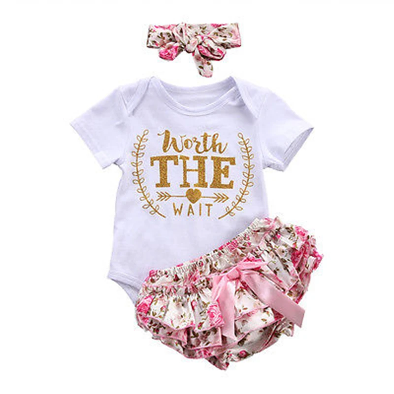 

CANIS 2019 New 3PCS/Set Cute Newborn Baby Girl Clothes Worth Wait Baby Bodysuit +Ruffles Tutu Skirted Shorts Headband Outfits