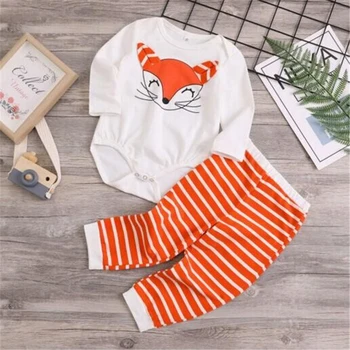 

Newborn Baby Boy Girl Cartoon Fox Romper Tops Stripe Pants Outfits Clothes 0-18M Set Long Sleeve Clothes