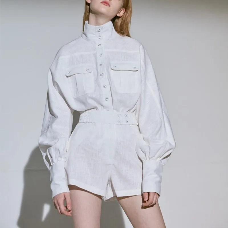 

Spring Women White Shirt Shorts Two Piece Sets Turn-Down Collar Lantern Sleeve Blouse And High Waist Shorts Shorts Suits