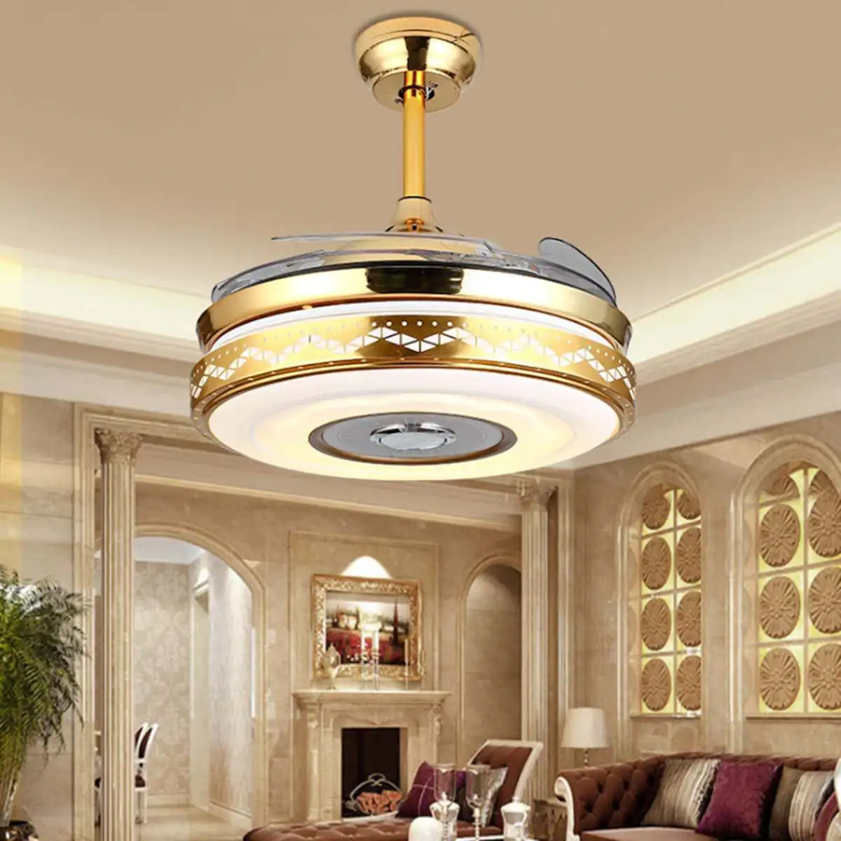

LED Ceiling Light 42" Retractable Hiddens Blade Fan Lamp w/ Light Remote Control Dimmable LED Chandelier 110-240V 70W