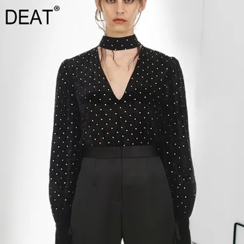 

DEAT 2020 New Eoruprean Women Clothes V-neck Lantern Full Sleeves Polka Dots Sweatshirt High Quality Female Blouse WC17001L