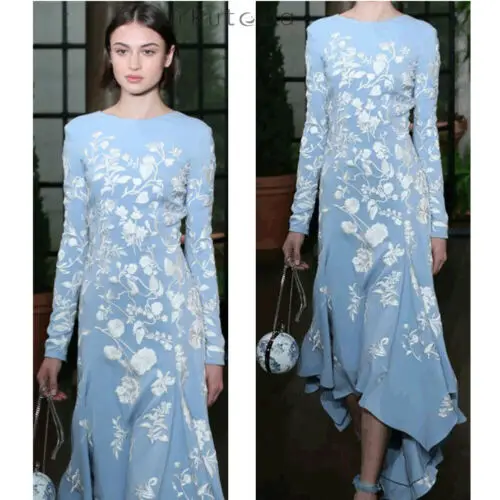 

Women Long Sleeve Maxi Dress Party Evening Prom Sky Blue O-neck Floral Irregular Trumpet Dress