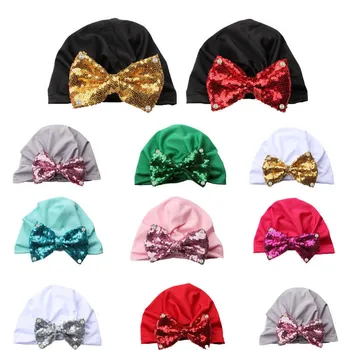 

2019 Cute Newborn Baby Kids Soft Bow Knotted Sequins Milk Fiber Wrap Turban Beanie Hat Cap New Hot Sale Good Quality