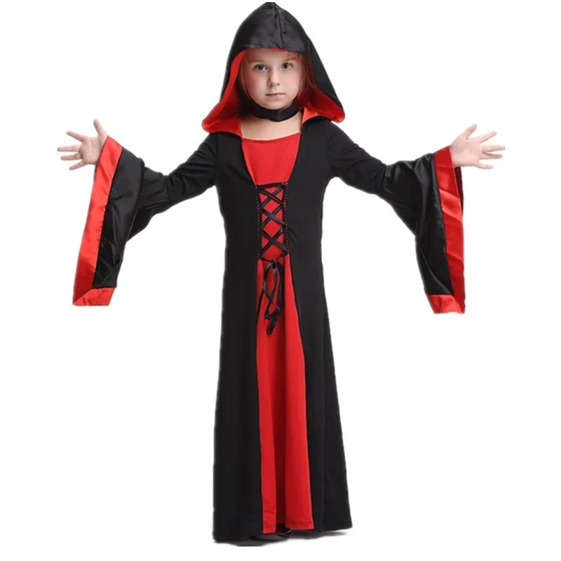 

Kids Black And Red Hooded Gothic Vampire Robe Halloween Costume Vampire Dress For Little Girls CSD21N2