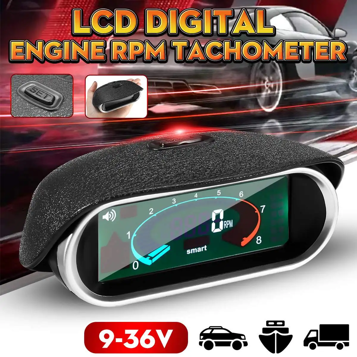 

Car Universal LCD 50-9999RPM Tachometer Digital Engine Tach Gauge Boat Truck LCD Color Screen RPM Hour Meter