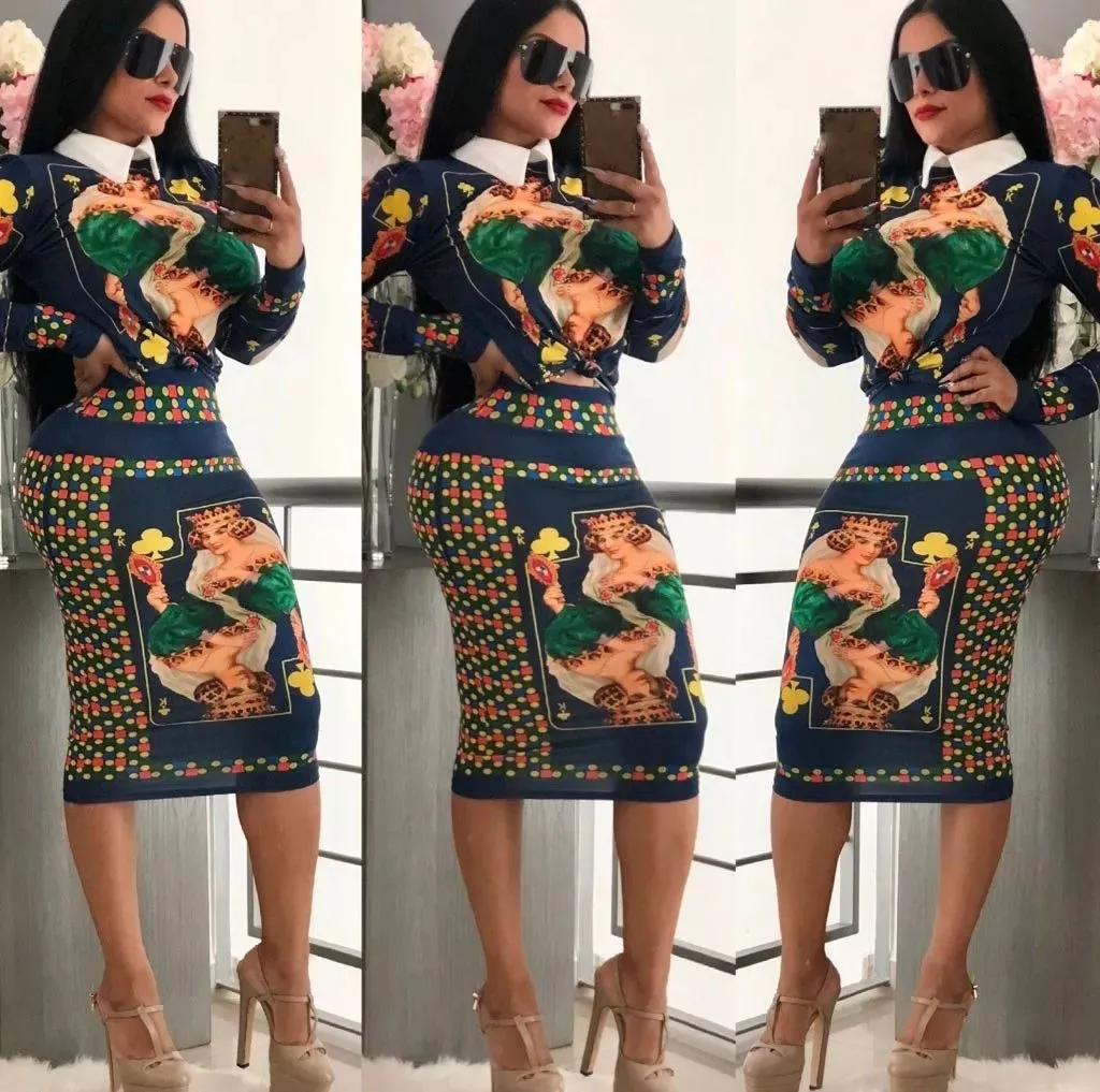 

Fashion Designer Runway Women's Two Piece Sets Long Sleeve Tops and Print Skirt Suits