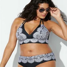 Женский Плюс Размер комплект из двух частей купальник пуш-ап сексуальный черный купальник с принтом Пляжная одежда