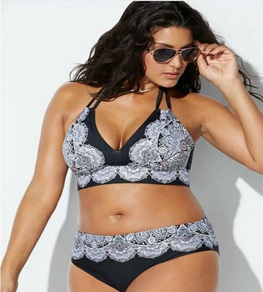 

NEW Women Plus Size two Piece Set Swimwear Push-up Sexy black printed swimsuit beachwear