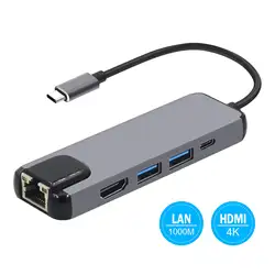 5 в 1 USB C концентратор Hdmi адаптер Gigabit Ethernet для Macbook Pro, Тип C до Rj45 сетевой адаптер с USB-C Зарядное устройство Порты и разъёмы