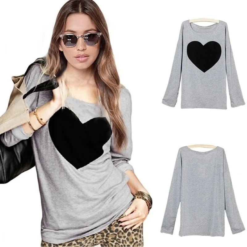 

Women's T-Shirt Long Sleeve Round Collar Blouse Printed Peach Heart Pattern Crew Neck Linen Tops Plus Size Loose Hedging Shirt