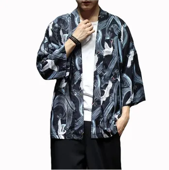 

#4302 Summer Cotton Kimono Coat Men Plus Size 5XL Thin Pattern Crane Print Vintage Cardigan Kimono Loose Coat Streetwear Fashion