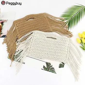 

Solid Color Tassels hand held Handmade Cotton Rope Hollow Out Woven Fringe Bag Trend Women's woven Handbag Straw Bag For Ladies