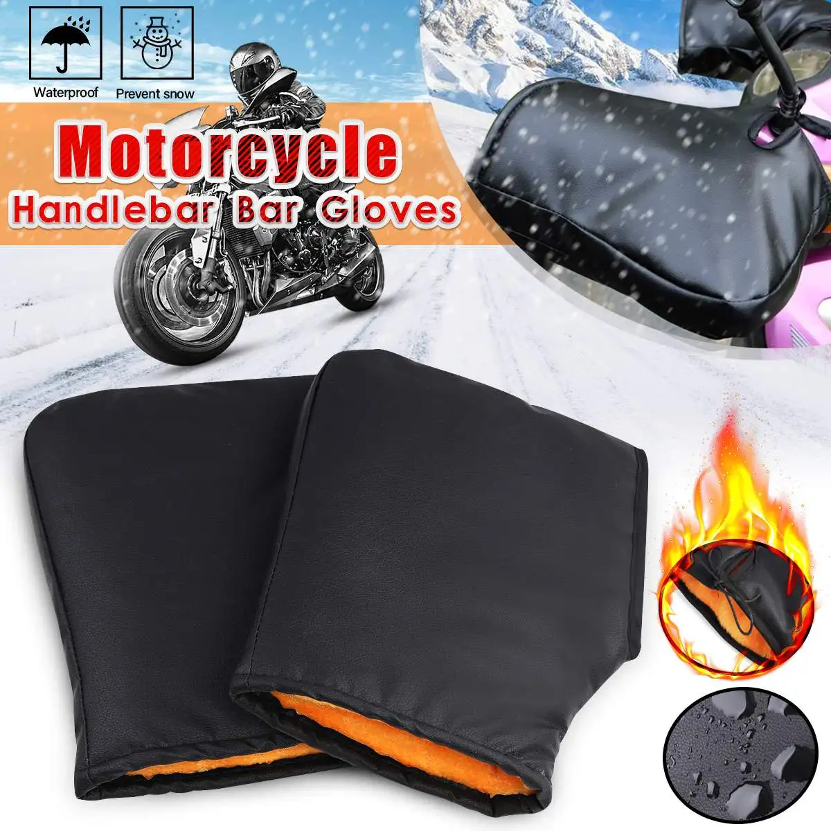

1Pair 20cm Motorcycle Handle Bar Muffs Snowmobile Waterproof Windproof Warm Cover Gloves Winter Black