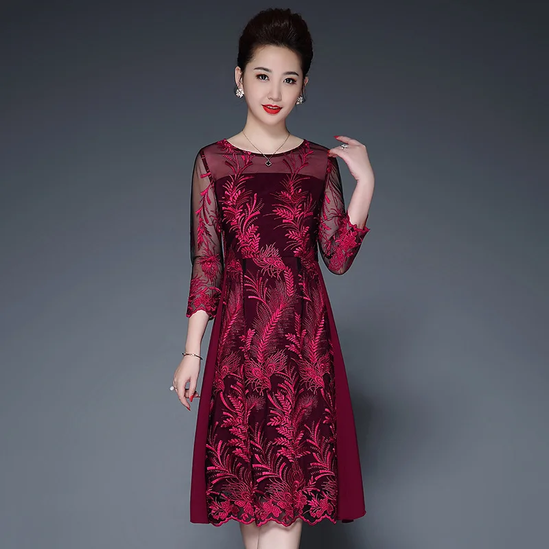 

2019 Spring Summer Fashion Women O-neck Mesh Patchwork Vestido Casual Plus Size Ladies Embroidery Chiffon Dresses For Female