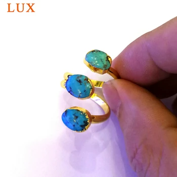 

Wholesale Gold Plating three Natural-Turquoises Stone Wrap Ring Freeform Genuine-Turquoises Adjustable Gem stone Ring Jewelry