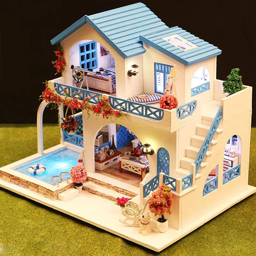 

Miniature Super Mini Size Doll House Building Model Kits Wooden Furniture Toys DIY Dollhouse Blue and White Town