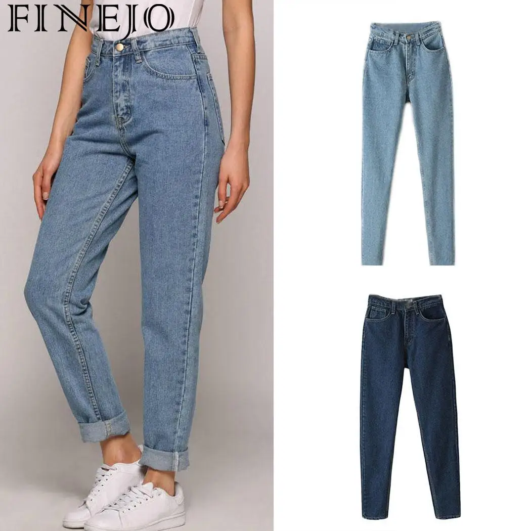 FINEJO, женские джинсы, повседневные, одноцветные, высокая талия, длина по щиколотку, джинсы с карманами, на молнии, прямые джинсы размера плюс, женские штаны