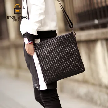 

New Korean-Style Men's Shoulder Bag Leisure Knitting Shoulder Bags Fashion Weave PU Leather Men Messenger Bags