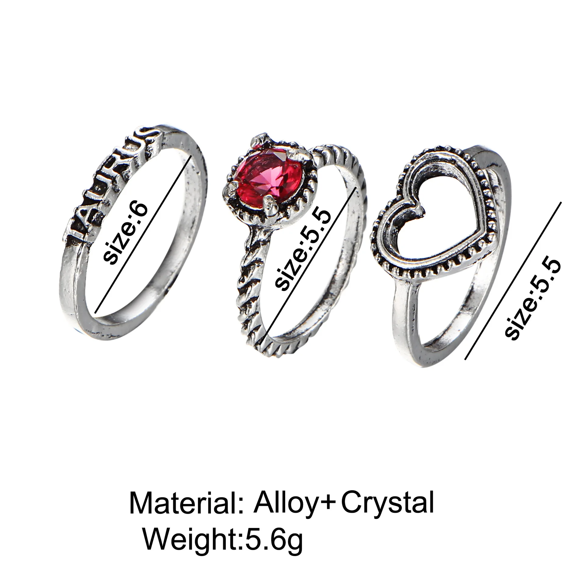 ZIIME 3PCS/Set Simple Design Letter Heart Crystal Stone Knuckle Ring Set For Ladies Antique Silver Rings Jewelry Anillo Boho