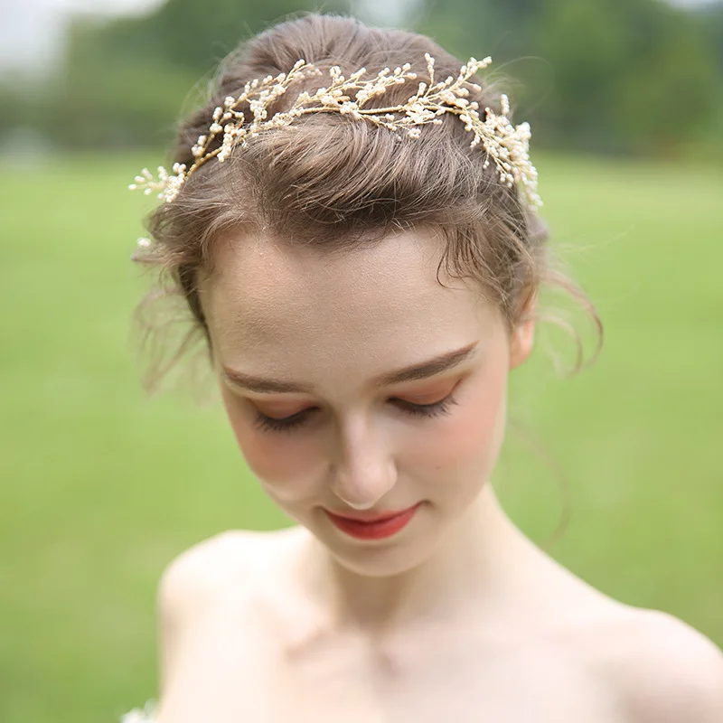 Pearl Beads Wedding Hair Accessories Hair Ornaments Golden Tiara Flower