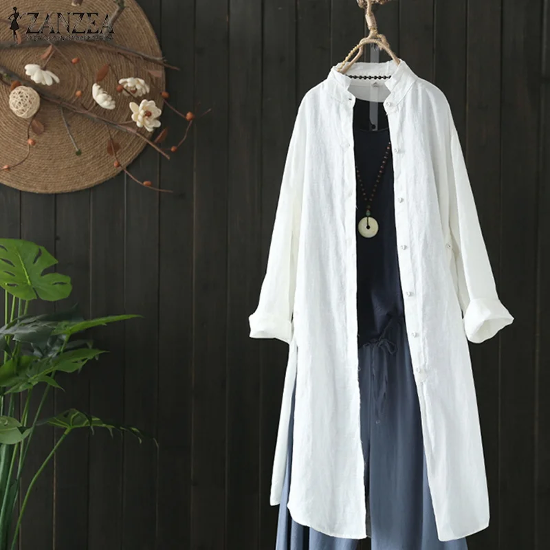 

Top Fashion 2019 ZANZEA Lapel Loose OL Long Cardigan Spring Women Casual Long Sleeve Shirt Autumn Vintage Cotton Linen Blouse
