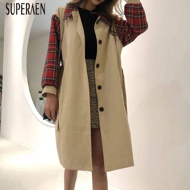 SuperAen, корейский стиль, пальто для женщин, дикая, хлопок, повседневная, модная, в клетку, прошитая, Женская ветровка, осень, новинка