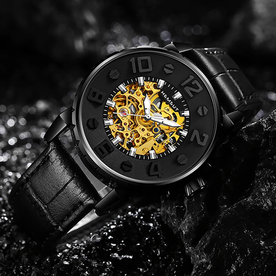 

New Fashion Mechanical Watch Men Skull Design Top Brand Luxury Golden Stainless Steel Strap Skeleton Man Auto Wrist Watch