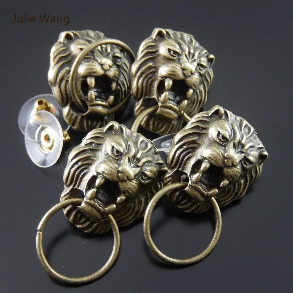 

Julie Wang 2/4/6/8PCS Alloy Vintage Bronze Lion Head Shape Earrings With Ear Plugs Men Punk Style Jewelry Decorate Findings