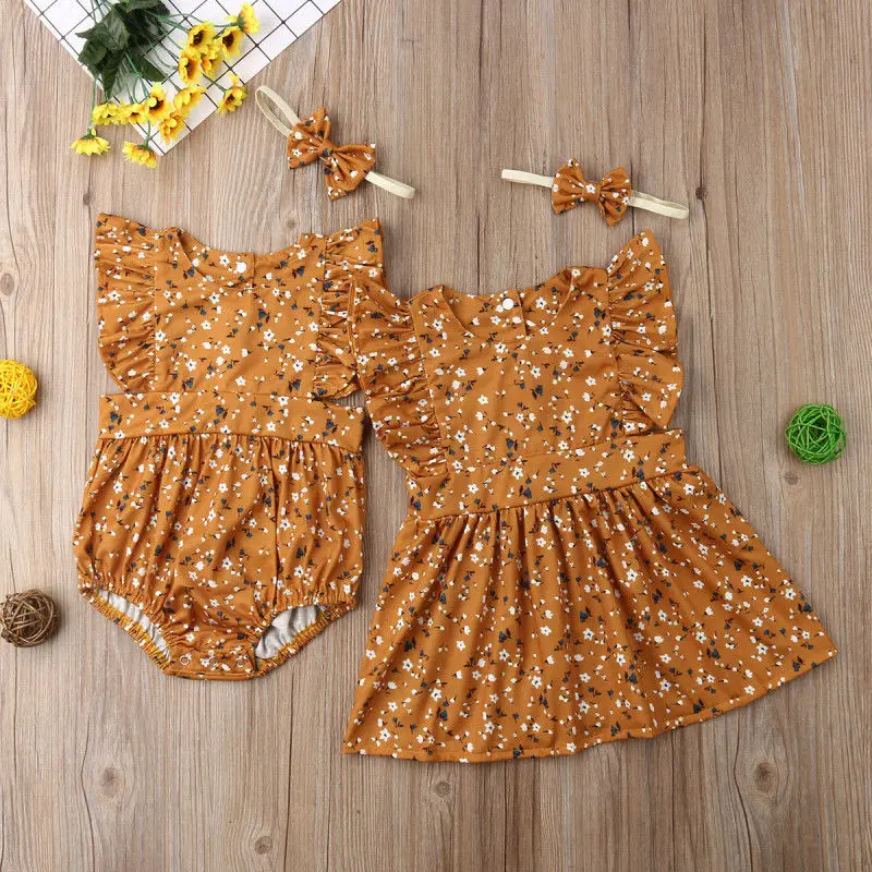

2019 Summer Yellow Toddler Kids Baby Little/Big Sister Floral Bodysuit Party Dress Summer Family Matching Clothing