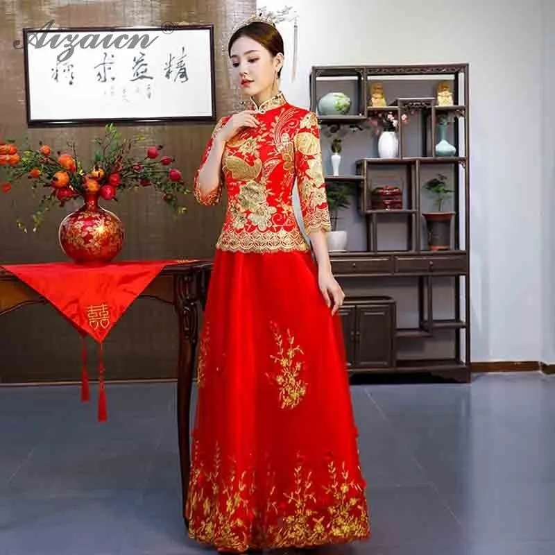 

Bride Phoenix Cheongsam Long Red Embroidery Qi Pao Women Chinese Traditional Evening Dress Oriental Style Married Gown Qipao