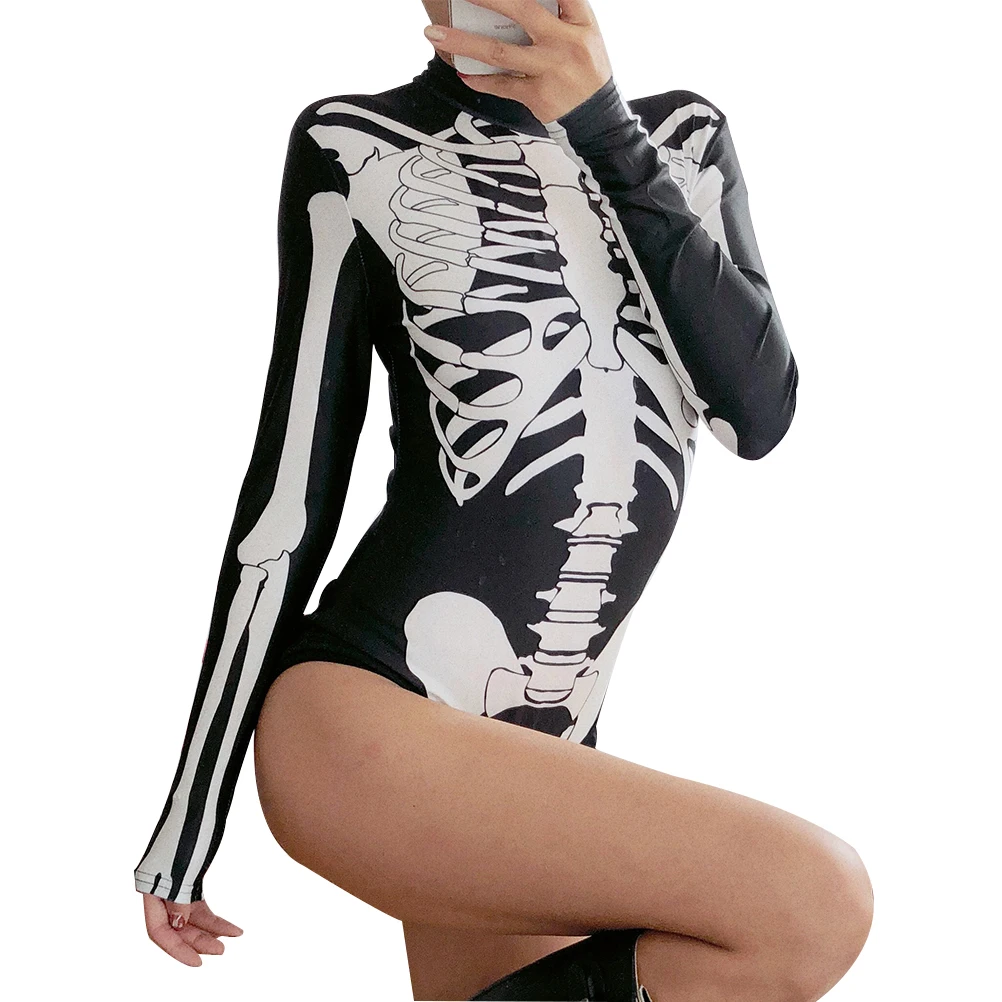 Black Women Bodysuits Round Neck Slim New Sexy Punk Rock Style Skull Pattern One-Piece Women Bodysuit Black Women Bodysuits Round Neck Slim New Sexy Punk Rock Style Skull Pattern One-Piece Women Bodysuit