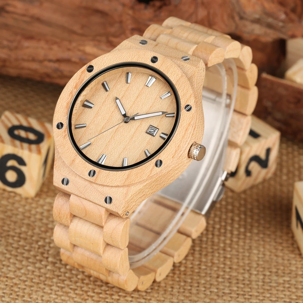 

Wooden Watch Men Quartz Movement Full Wooden Watch Band Minimalist Wood Clock Environmental Protection Auto-Date Display Watches