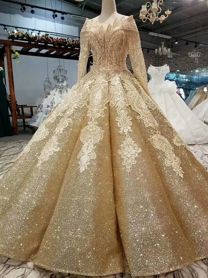 Женское свадебное платье SSYFashion роскошное золотистое с длинными рукавами и