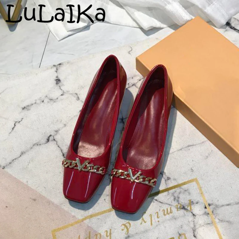 

2018 Winter Brand Woman Square head Pumps Shoes Fashion Patent Leather Metal decoration Winter Elegant Lady Party High Heels