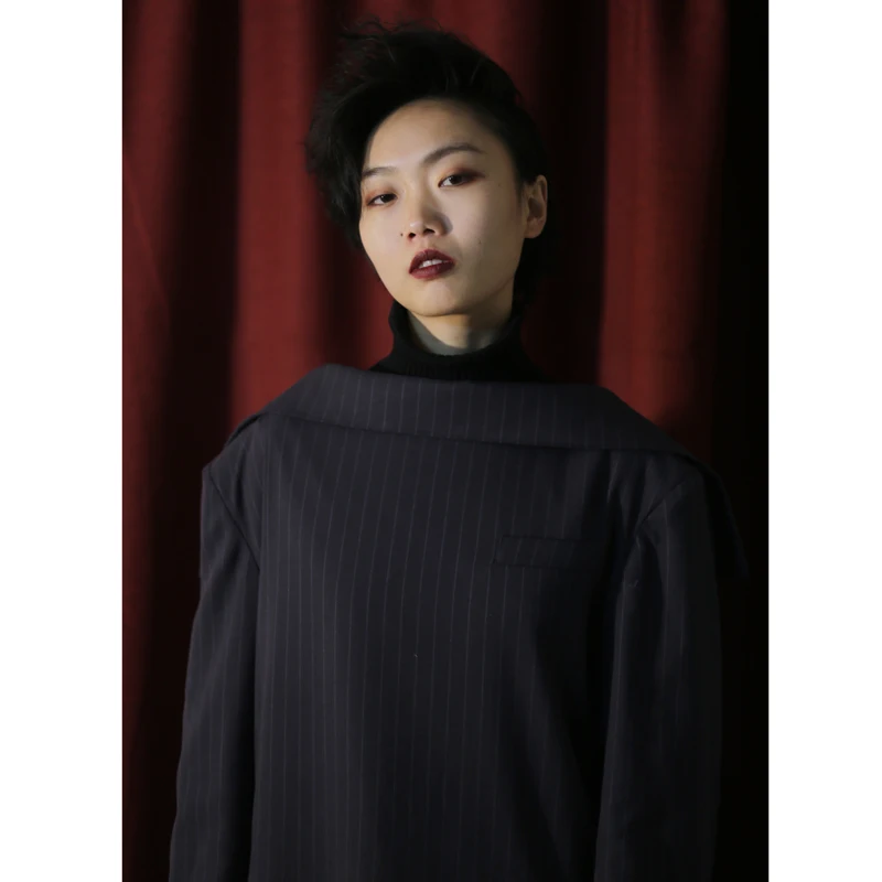 2019 Mode Vêtement De Printemps Manches Pleine Collar Pour Rayé Femme Grey Veste Unique Nu Dos Turn Dark Deat Wd71602l Costume Ruches Nouveau down dIxFXdA