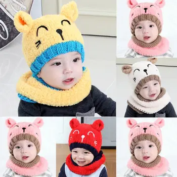 

Hot Sale Baby Girl Boy Toddler Winter Warm Cartoon Pattern Knitted Beanie Cap Earmuffs Ball Hat And Scarf Set