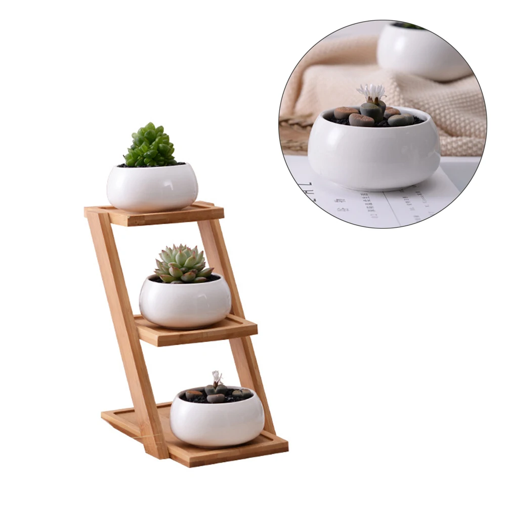 صغيرة جولة الأبيض السيراميك وعاء النبات عصاري الغراس ل عصاري النباتات مع علبة خيزران لغرفة ديكور-مجموعة من 3