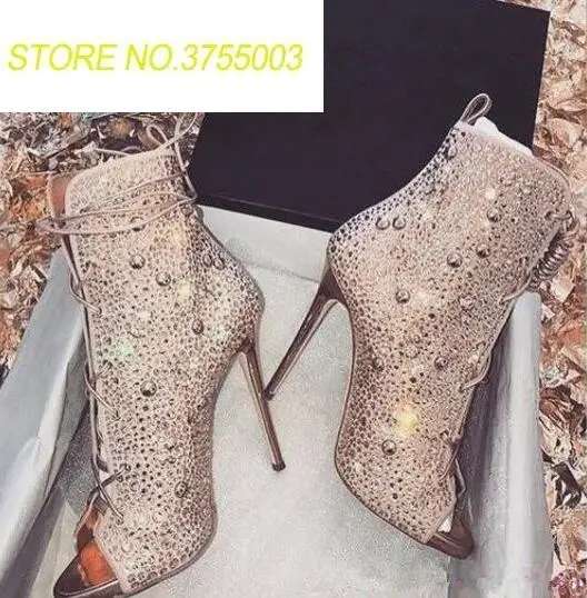 

Sexy Peep Toe Ladies Lace Up Ankle Boots Luxury Rhinestone Cover Women Fashion High Heel Boots Metal Heel Dress Boots Party Shoe
