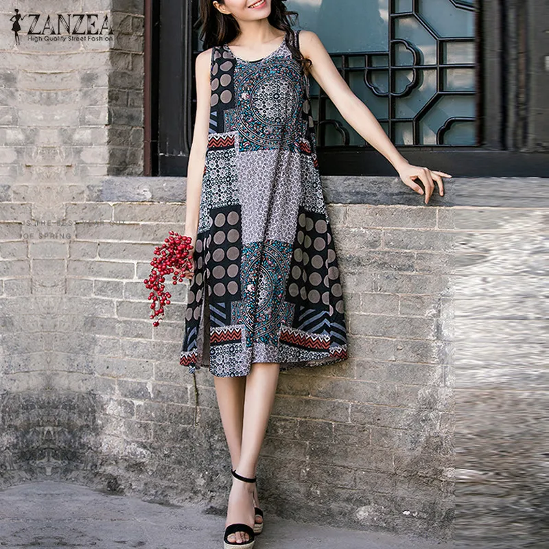 

2019 ZANZEA Vintage Linen Midi Dress Women Summer Dresses Femme Sleeveless Patchwork Print Vestidos Split Beach Sundress Plus
