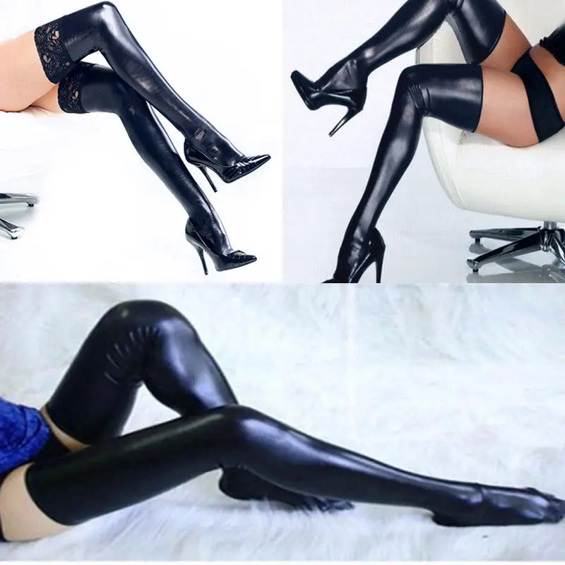

Womens Ladies Sexy PU Leather Lace Over Knee Long Thigh High Wet Look Stockings