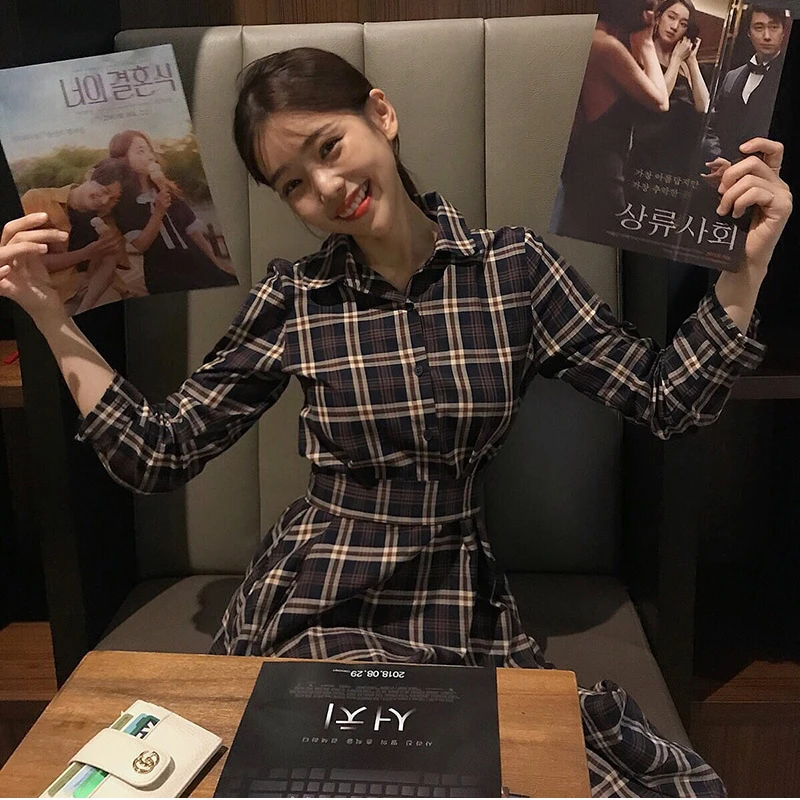

vestidos 2018 new long lace-up Shirt Dress Women's fashion OL Long Sleeve Bandage Turn Down Collar Office Dress plaid dress