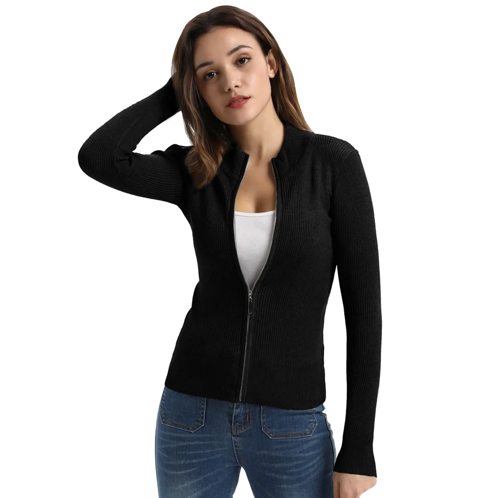 knitting sweater Women Spring Autumn classic Long Sleeve Stand Collar Zip-Up Knitwear Cardigan Coat jacket solid color slim tops