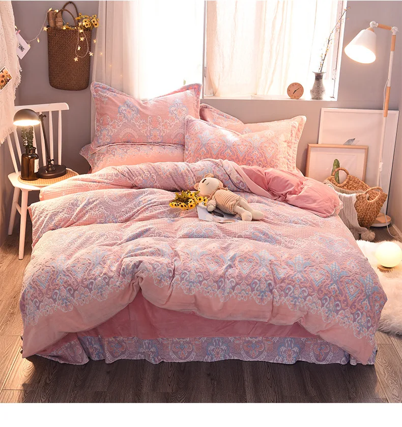 Best Cashmere Double sided Coral Fleece Thick Pink Bedding Sets King Queen Size Winter Warm Princess Girls Duvet Cover Sets Bedding
