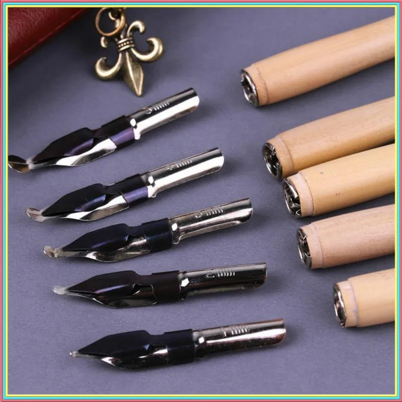 

5pcs/set Fountain Pen Ink Pen Nib Set Dip Comics Art Painting Tools Wood Shaft With Roll Pen Bag Vulpen Pluma Caneta 03844