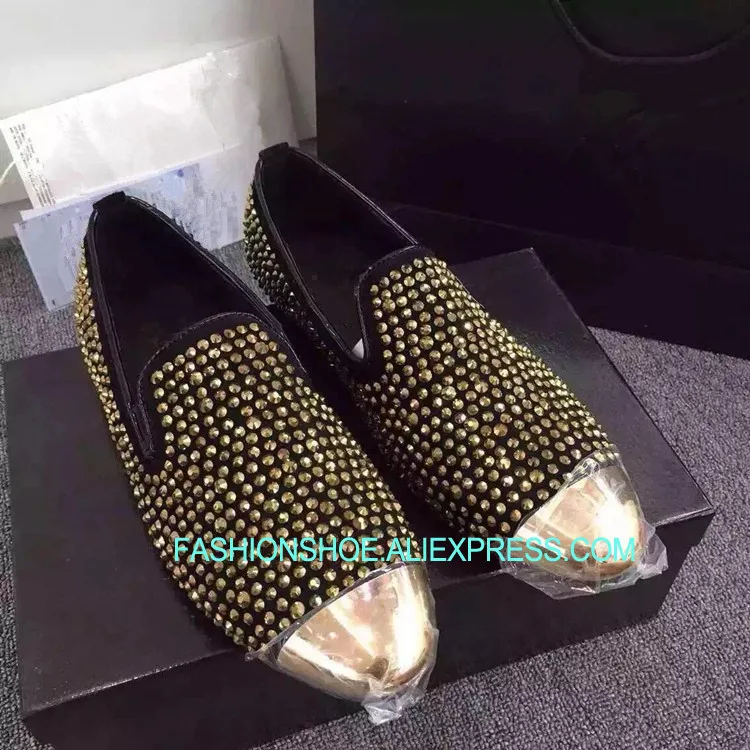 

Gold Black Rhinestone Crystal Mens Loafers Driving Shoes Hombre Genuine leather Cow Metal toe Slip on Dress Wedding Shoe Size 46