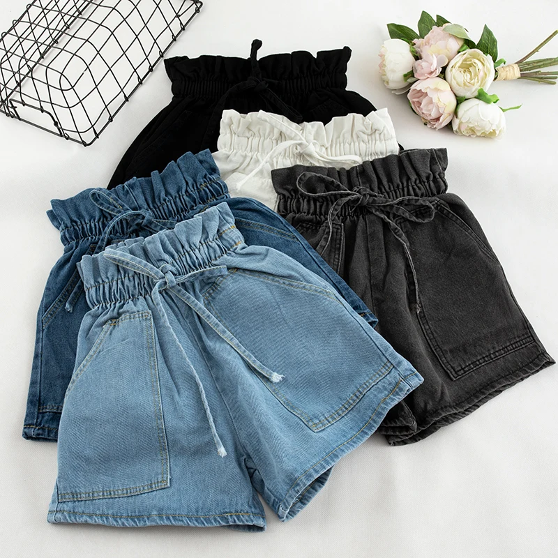 

Denim Elastic High Waist Shorts Summer Blue White Student Pocket Blue White Gray Wide Leg Trouser Female Streetwear Bottoms