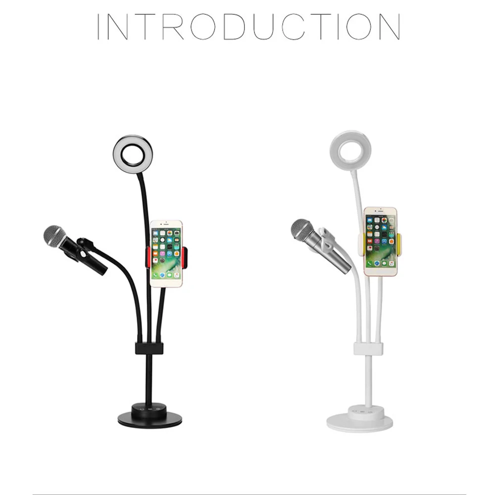 

3 in 1 Lazy Bracket Phone Stand with Microphone Holder Cellphone Clip with 24 LED Lightbeads Selfie Ring Light for Live Stream