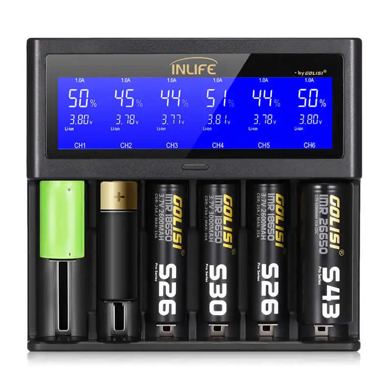 Golisi S6 2A 1A 0.5A интеллектуальное зарядное устройство Lcd для 18650 26650 20700 21700 Li Ion Ni MH Cd Aaaa