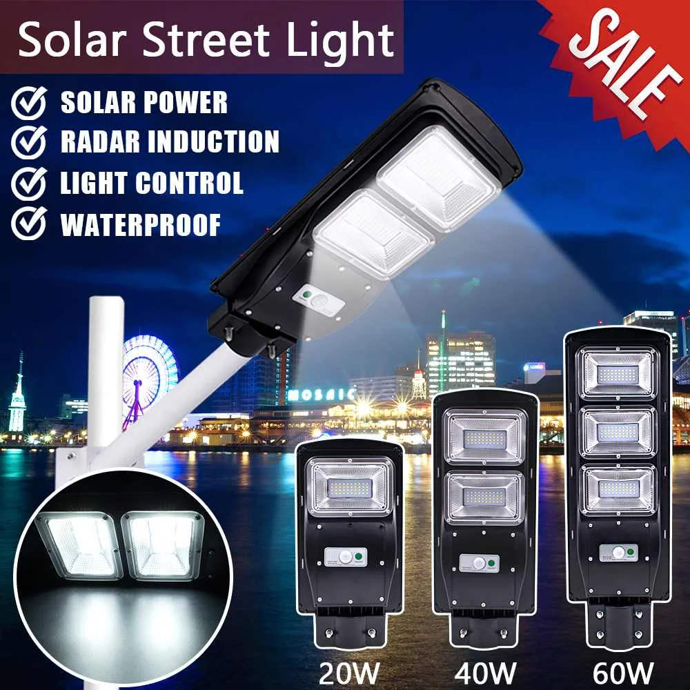 

Newest LED Solar Street Light 20w 40w 60w Light Control + Radar Sensor Waterproof IP67 Street wall Light Garden Street Lamps